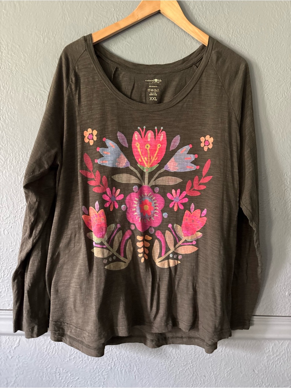 Natural Life Floral Graphic Long Sleeve Tee Olive Green XXL